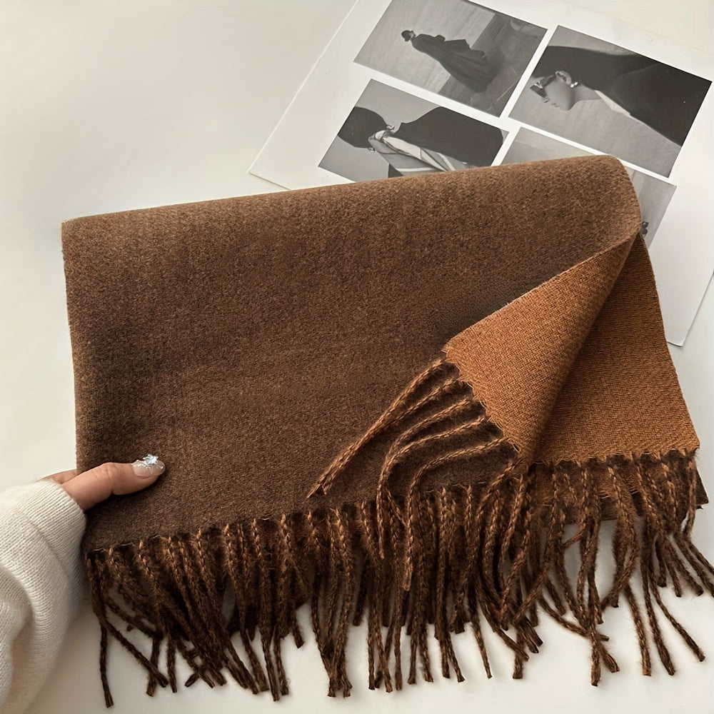 Unisex Cashmere Blend Color Block Scarf with Tassels and Fringe