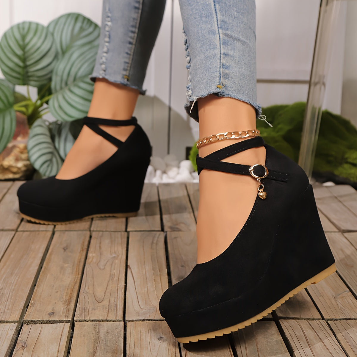 Women's Black Wedge Heels with Ankle Strap Platform High Heel All-Season