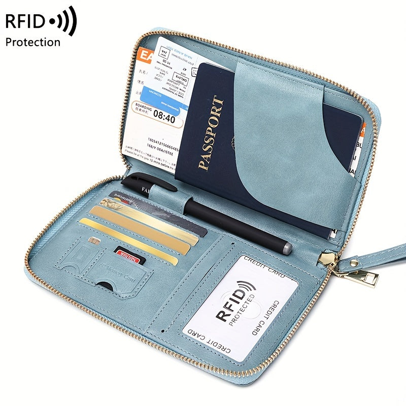 Brown RFID Blocking Travel Wallet with Zipper Closure and Wrist Strap for Passports and Cards