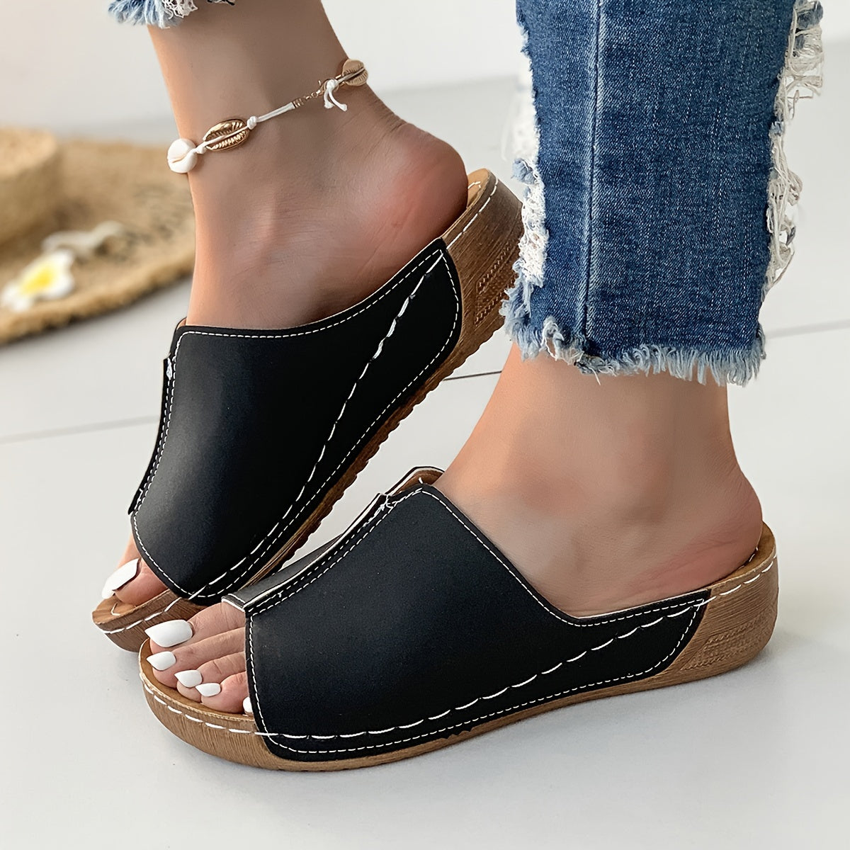 Women's Faux Cover Slip-On Sandals Mid-Heel Round Toe Casual All-Season