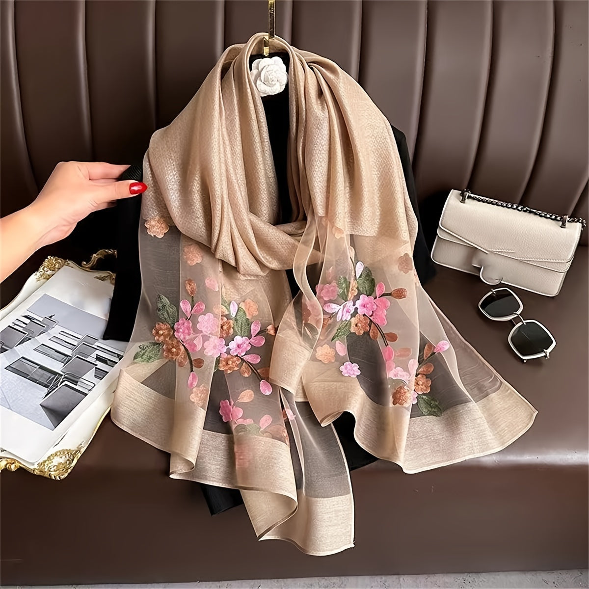 Women's Travel Scarf Flower Embroidered Sun Protection Lightweight Breathable