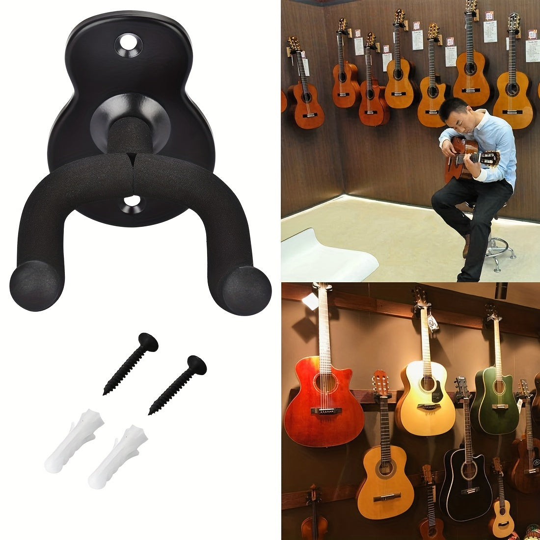 Wall Mounted Guitar Hooks Pack of 2 3 or 4 Black Iron Wall Mount for Folk Bass Electric Classical Guitars