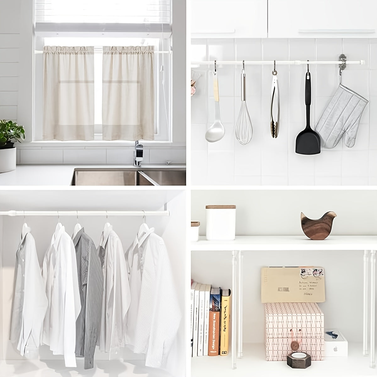 Barra de cortina telescópica con tensión de resorte para instalación sin taladro, barra de cortina ajustable corta y larga