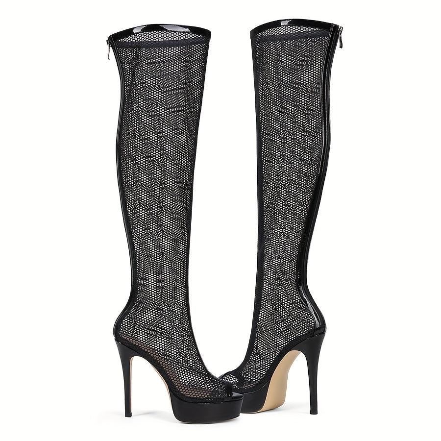Women's Black Over-the-Knee High Heels Open Toe Zipper Cut-Out Boot