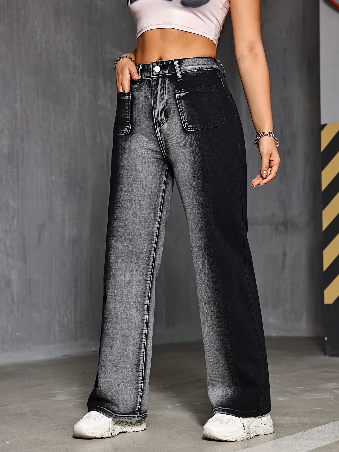 Jeans de mezclilla de tiro alto de inspiración vintage para mujer con pernera ancha bicolor