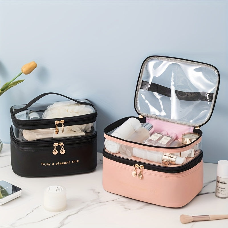 Women Waterproof Travel Makeup Bag with Double Layers and Large Capacity
