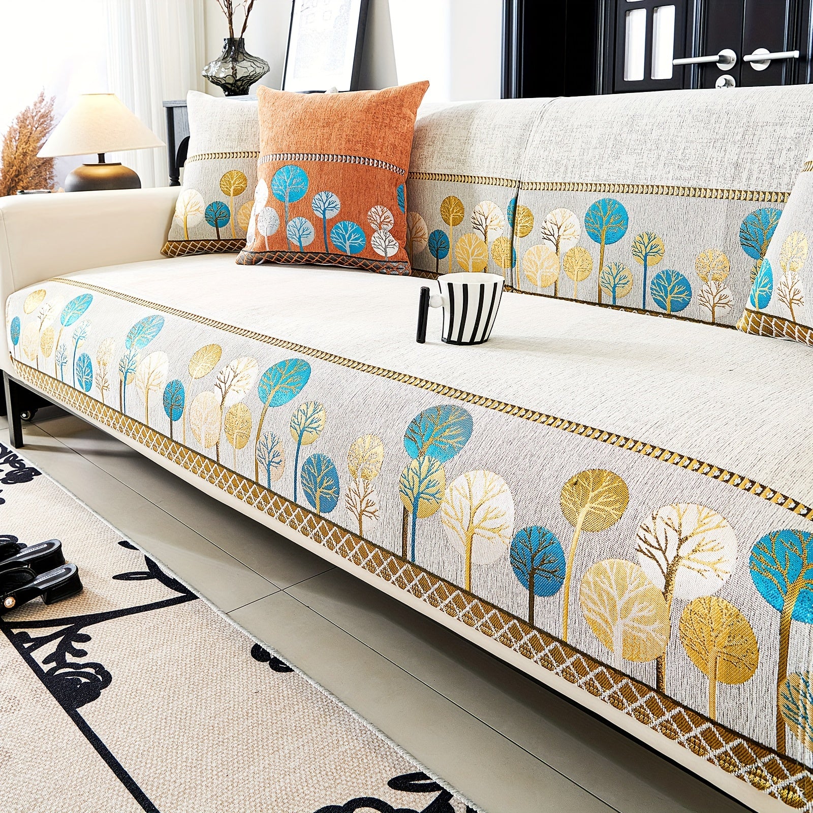 Chenille Sofa Slipcover with Geometric Embroidery Pet-Friendly Fabric for Home Decor