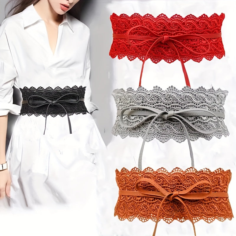 Women's Vintage Lace Belt with Bowknot Detail Solid Color PU Waistband for Dresses and Coats