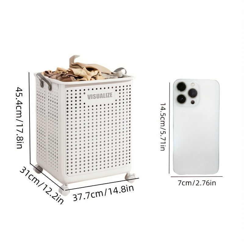 White Ceramic-Style Laundry Basket with Wheels Large Capacity Ventilated Portable
