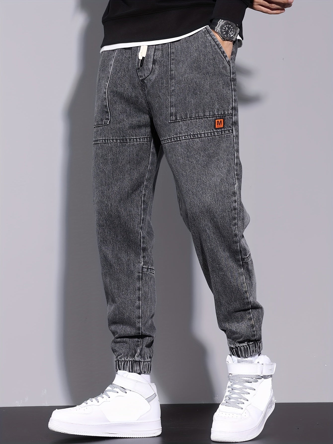 Men's Denim Jogger Pants with Elastic Drawstring Waist Cropped All-Season Street Style