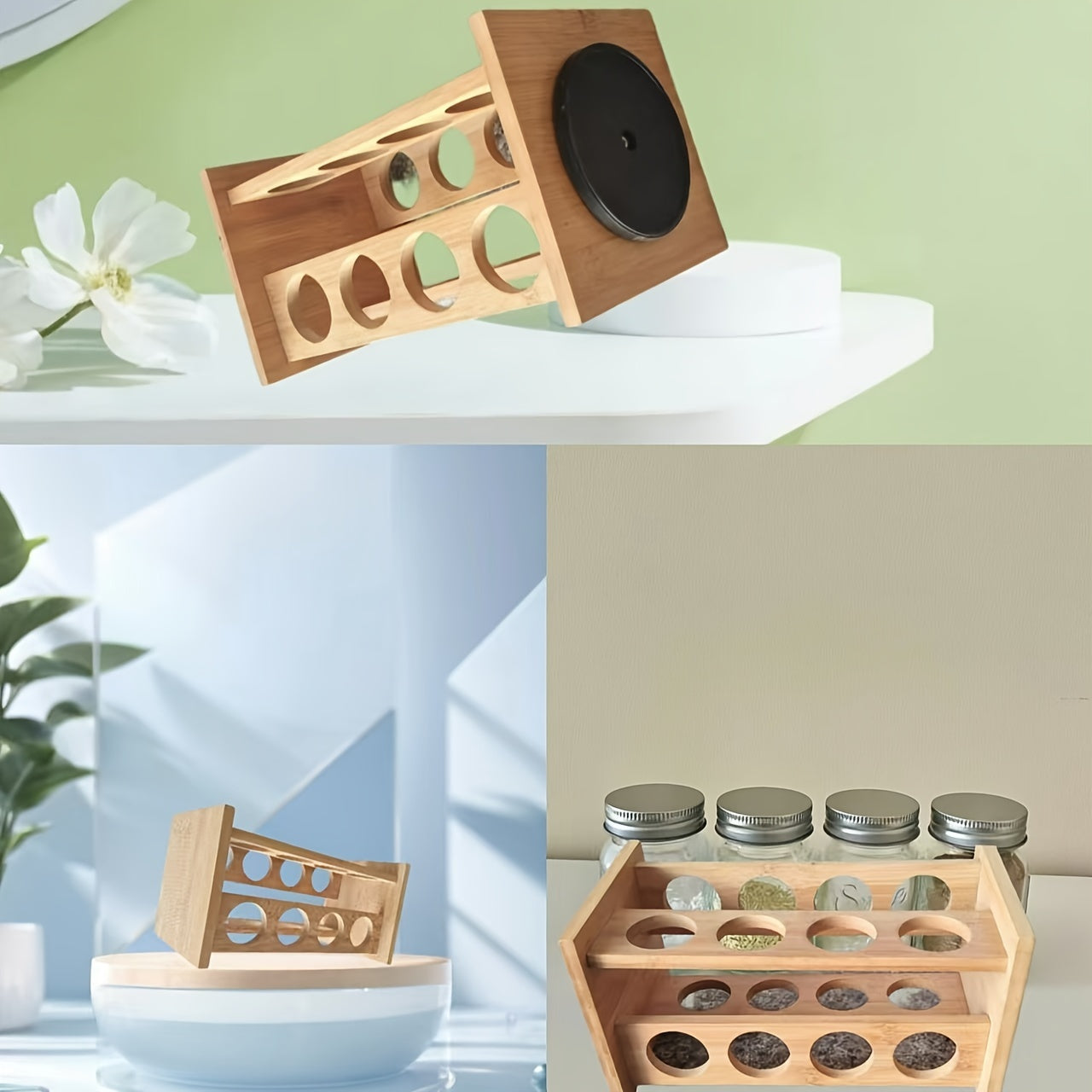 Bamboo Kitchen Countertop Spice Rack Rotating Holder Holds 16 Cans