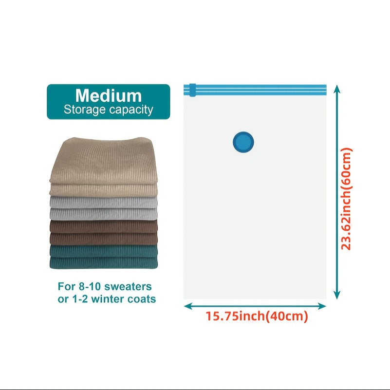 3 ta vakuum saqlash sumkasi qo'l pompasiga ega, joyni tejash uchun mustahkam sumkalar, ixcham egish uchun 3 o'lcham, pastki kurtkalar, ko'rpa-to'shaklar va ko'rpa uchun ko'p maqsadli cho'zilgan plastik sumkalar - elektr rozetkasi talab qilinmaydi.