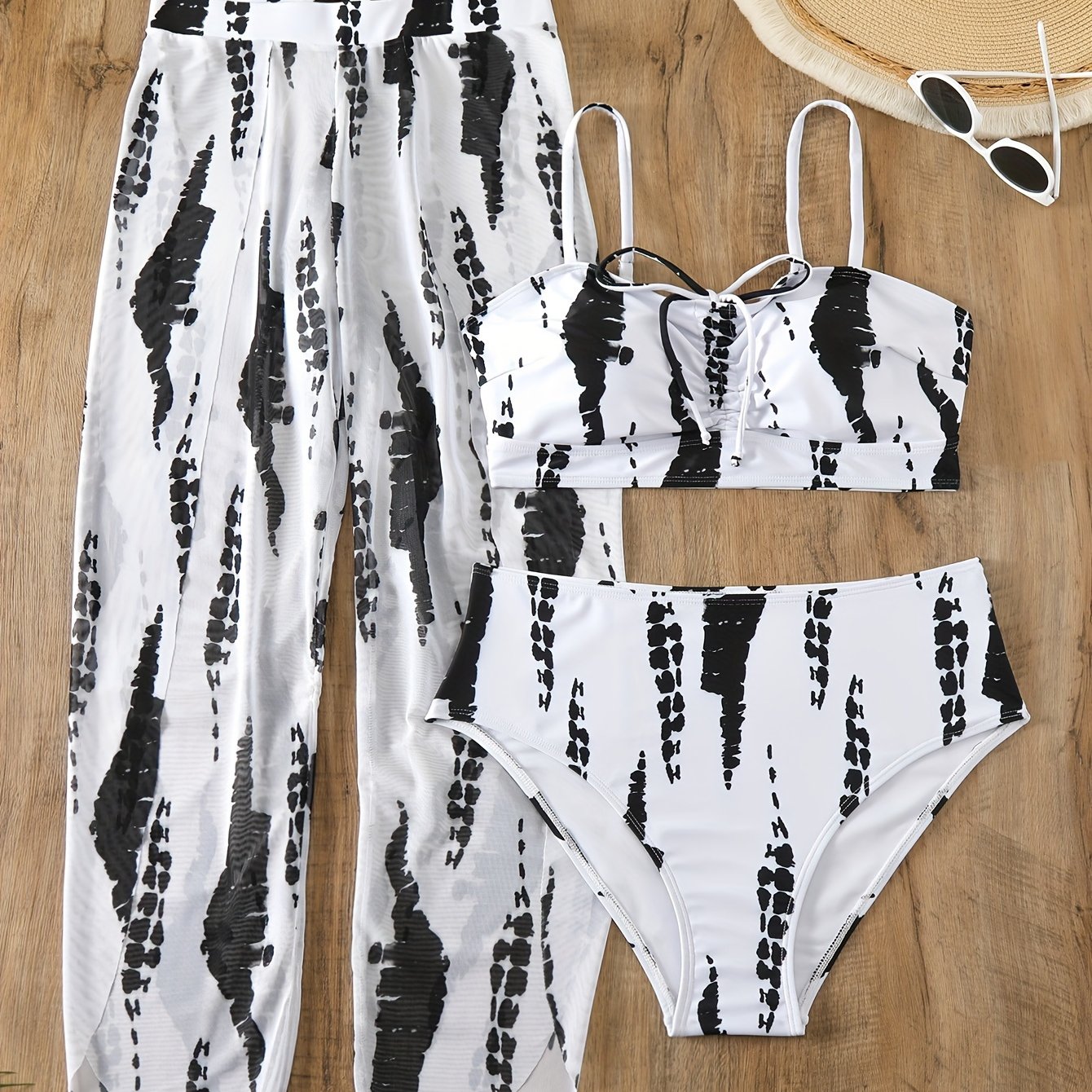 Women's Large Size Swimsuit Set 3 Pieces Polyester Vacation Printed