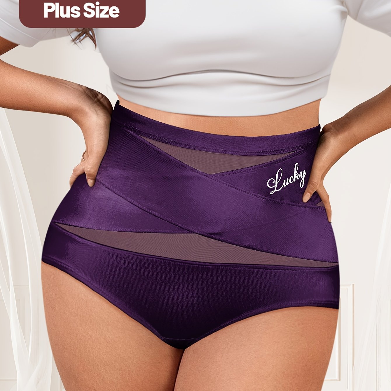 Ropa interior de talla grande de cintura alta para mujer en morado, control de barriga, elevador de glúteos, malla transpirable