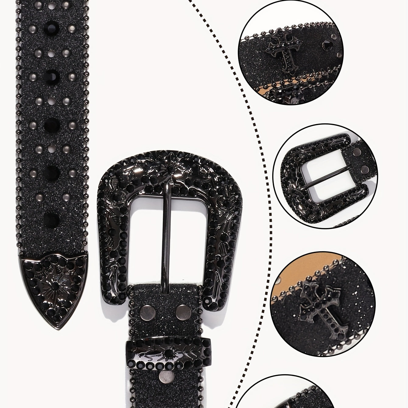 Women’s Boho Leather Belt with Rhinestones and Carved Buckle for Festival and Western Jeans