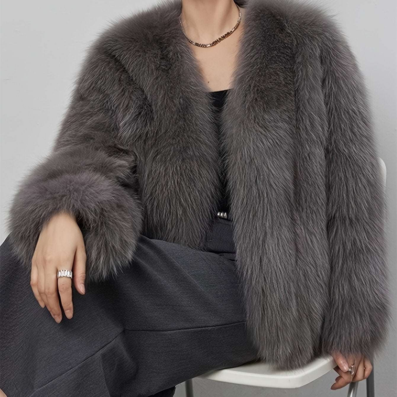 Women's Light Gray Faux Fur Coat with Fluffy Collar for Winter