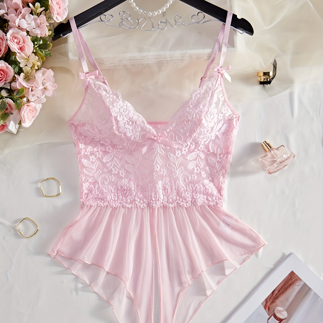 Women's Floral Lace Bow Teddy Open Crotch Backless Bodysuit Sexy Lingerie