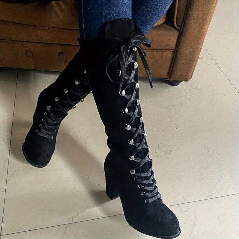 Women's Knee High Leather Boots Lace Up Chunky Heels Black Tall Shoes