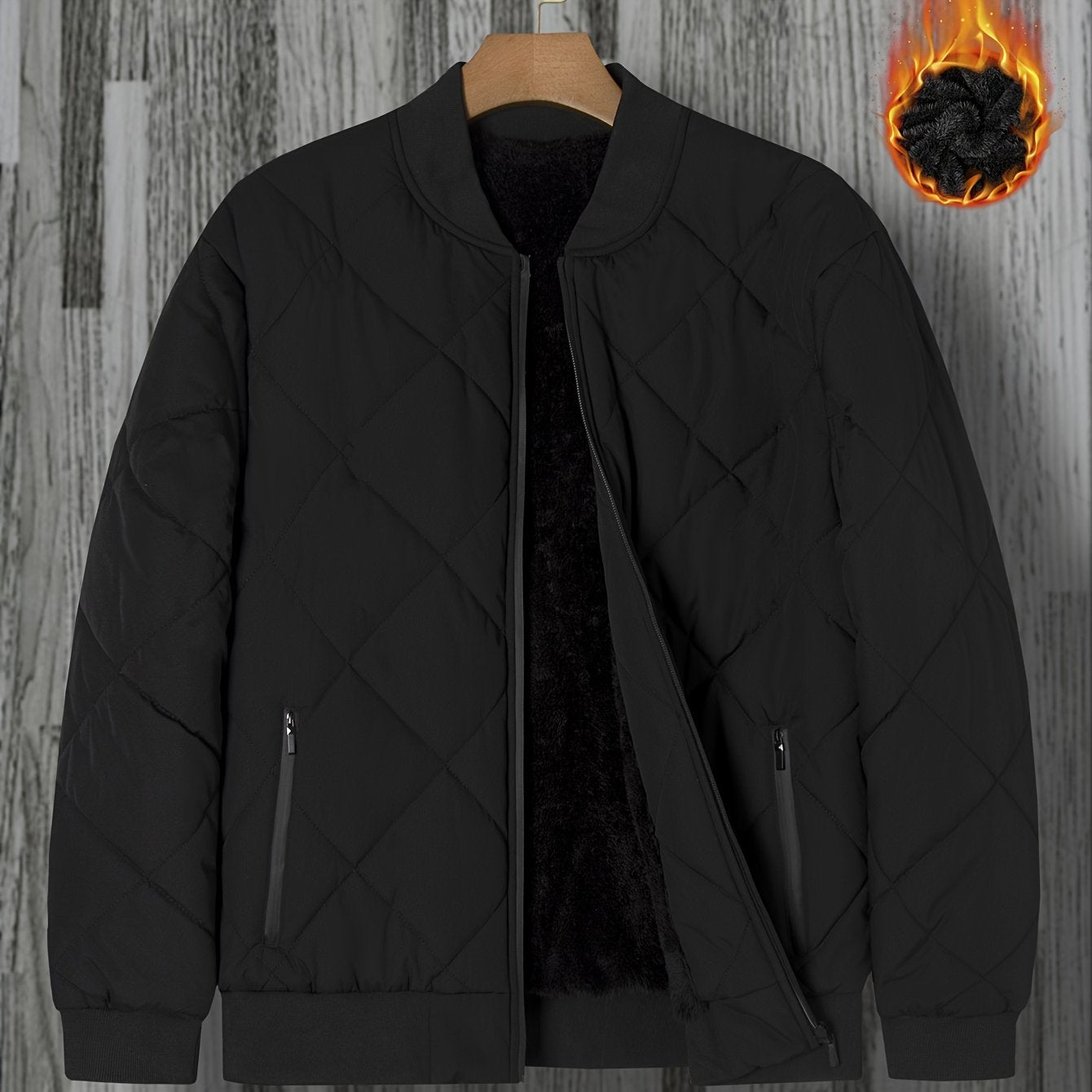 Men's Black Quilted Bomber Jacket with Zipper Closure Stand Collar for Fall Winter