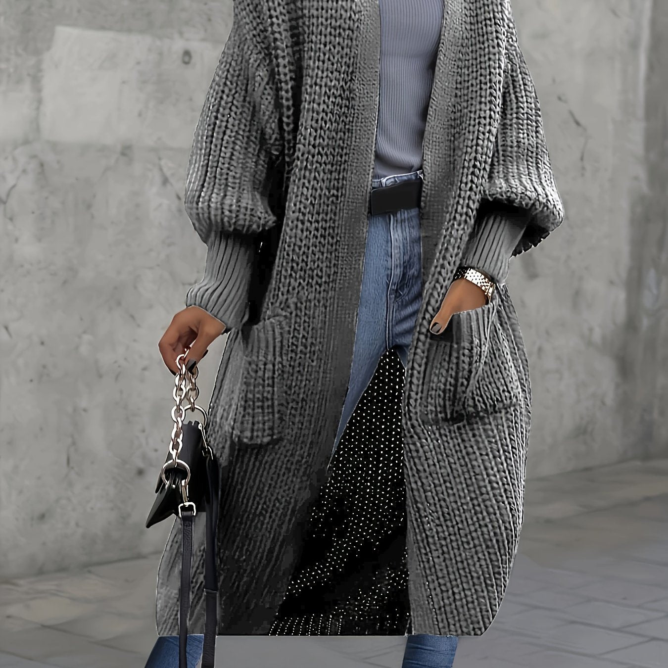 Plus Size Women's Rib Knit Open Front Longline Cardigan Gray