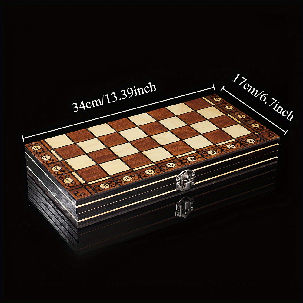 Wooden 3-in-1 Board Game Set with Chess Checkers Backgammon Foldable Portable