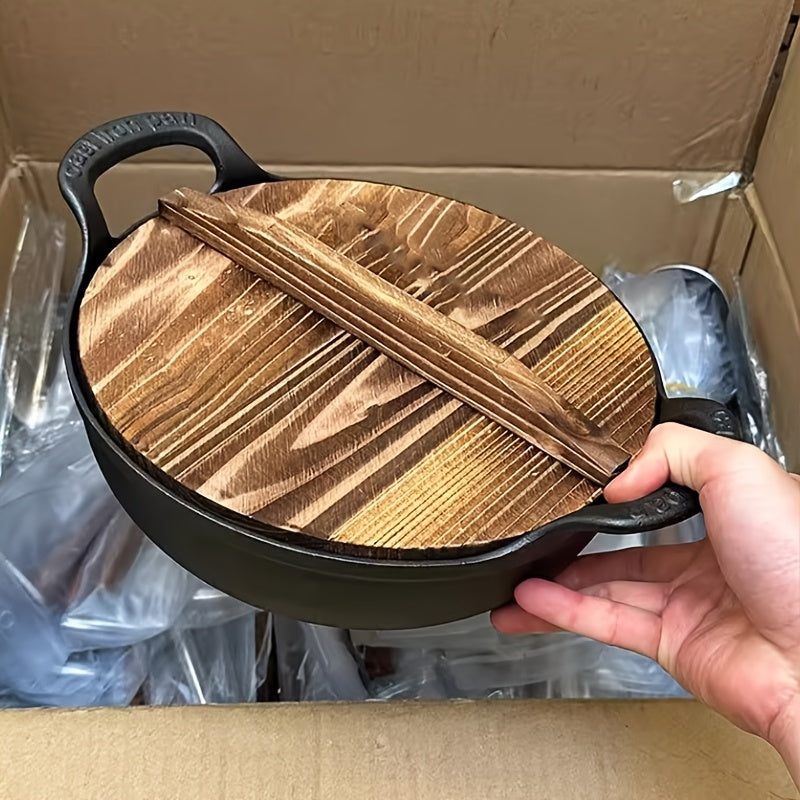 Cast Iron Cookware Set with Wooden Lid Non-Stick Heat-Resistant Handles for Soup Stews