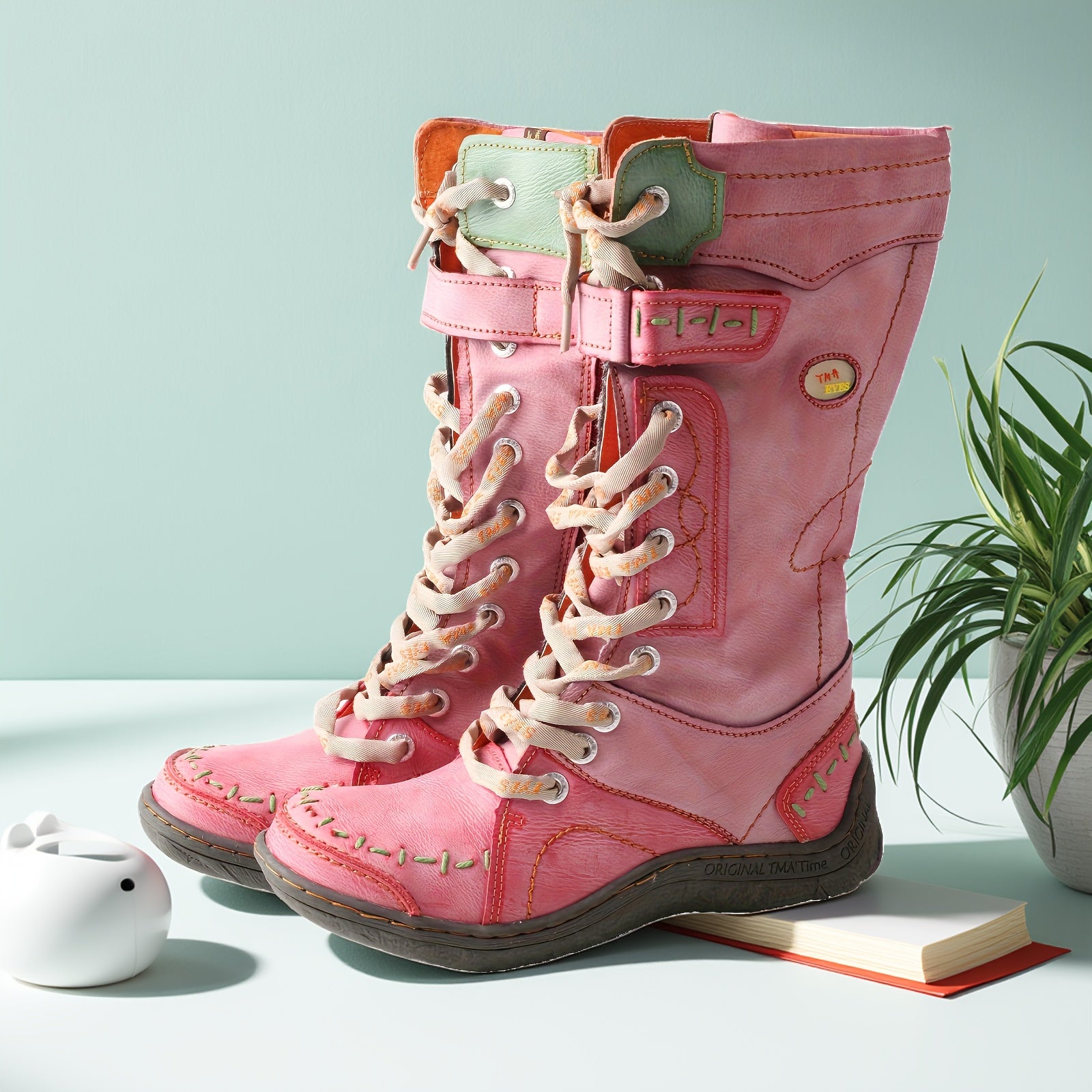 Women's High-Top Leather Lace-Up Hiking Boots with Colorful Accents