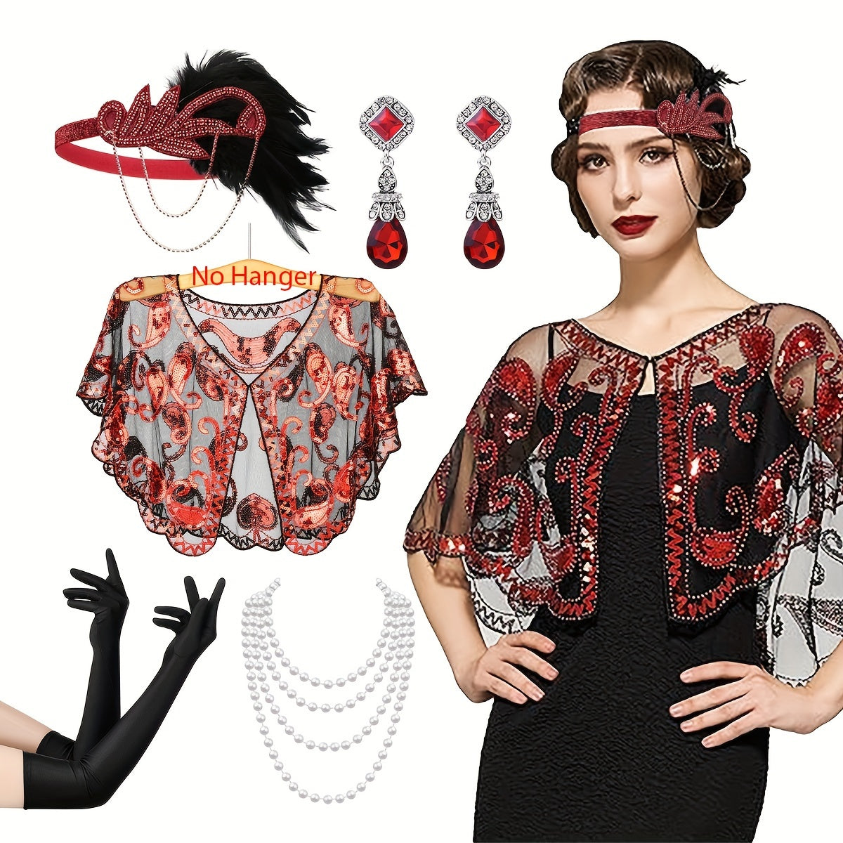 Women's 1920s Flapper Costume Accessory Set Headband Shawl Earrings Gloves for Roaring 20s Parties