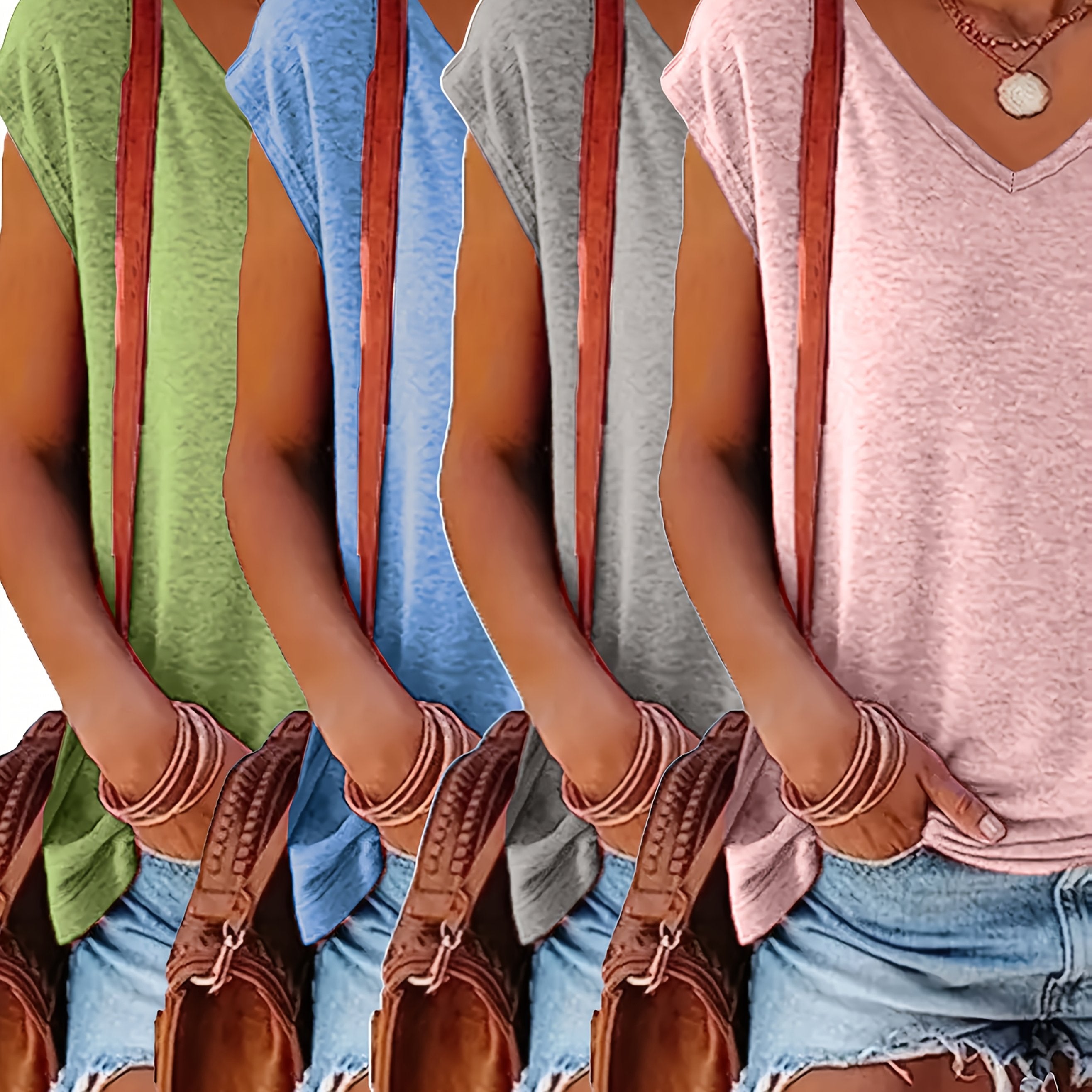 Camisetas de manga corta con escote en V para mujer, pack de 4, tops casuales de verano, rosa, negro, azul, beige