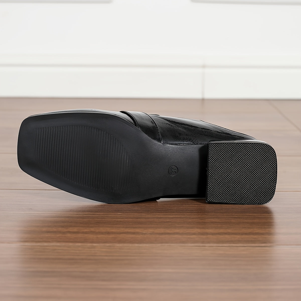 Women's Black Glossy Faux Leather Loafers with Gold Ring Accents