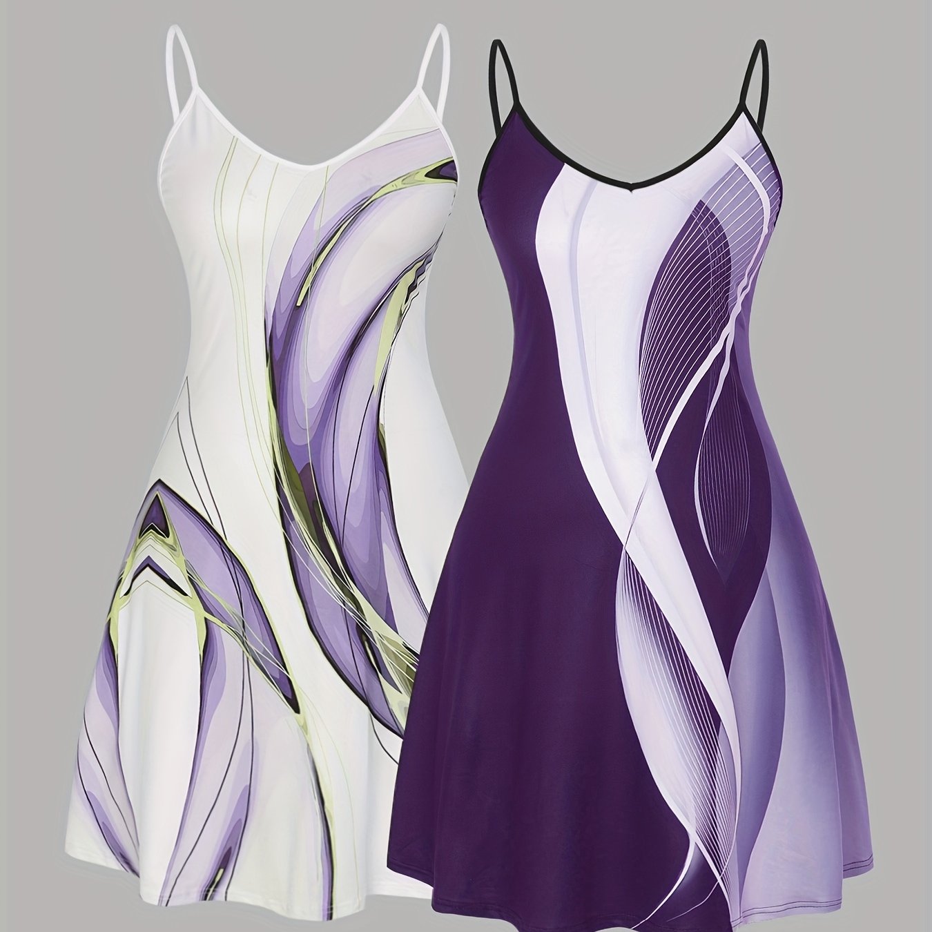 Women Plus Size V-Neck Spaghetti Strap Nightgowns White Purple Abstract Print Slip Dresses