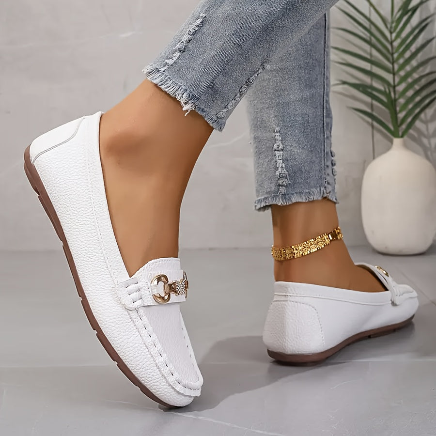 Women's Faux Leather Ballet Flats Casual Slip-On Shoes White Rubber Sole