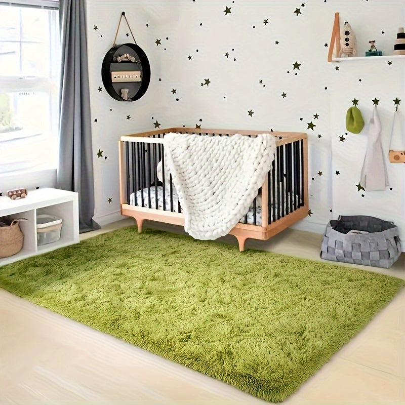 Green Plush Rectangular Carpet Non-Slip Stain-Resistant Bedroom Living Room Rug