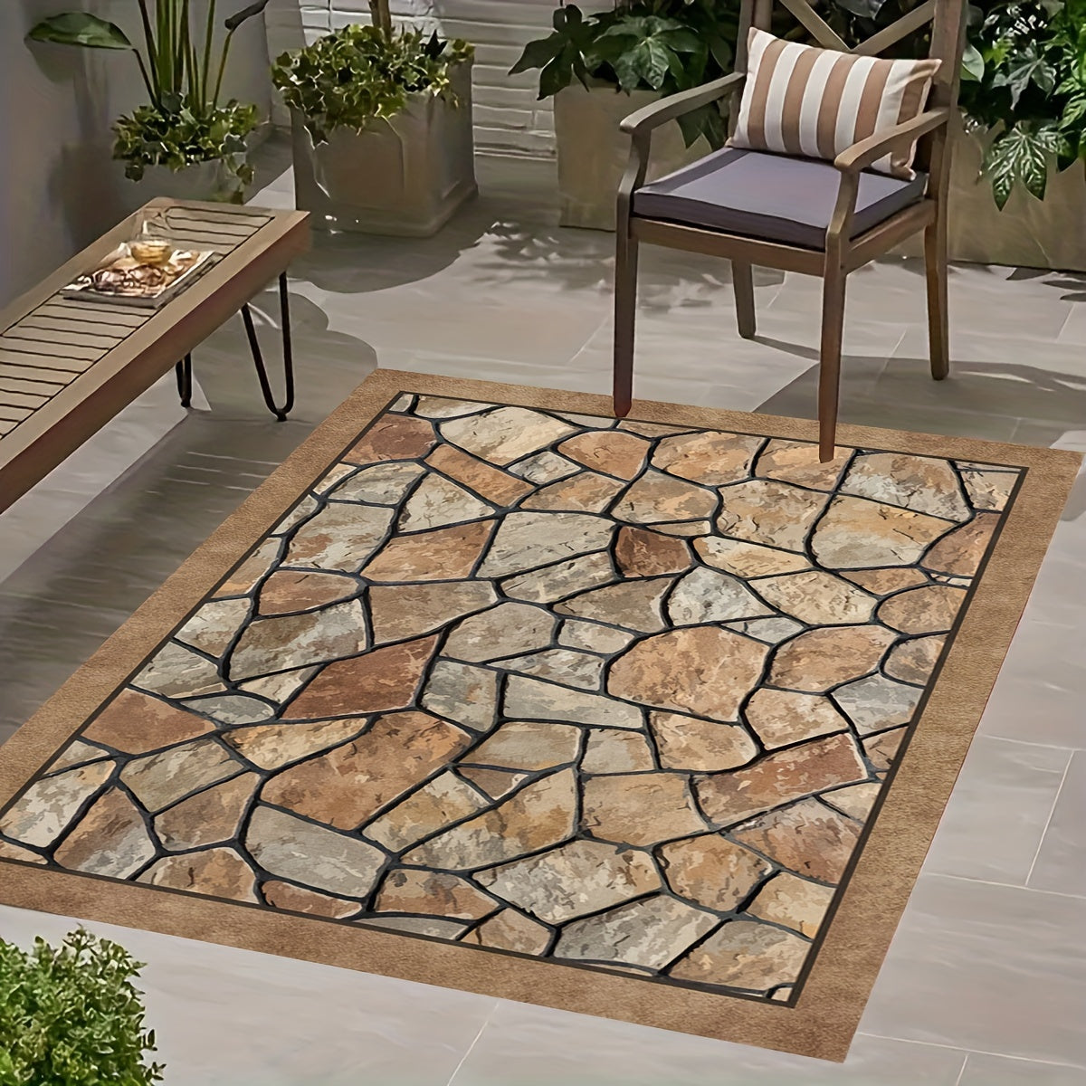 Stone Pattern Outdoor Patio Rug Water-Absorbent Stain-Resistant Polyester Braided Deck Carpet for Camping RV Sunroom Living Room