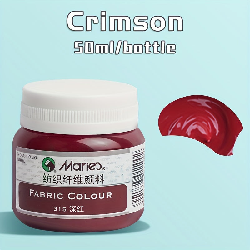 1 shisha Marie's Fabric Paint, 50ml - doimiy kiyim bo'yash uchun 12 rang mavjud. O'rta cho'tka kiritilgan. San'atkorlar va hunarmandlar uchun ideal. T-shirtlar, poyabzallar, jinsilar uchun mos.