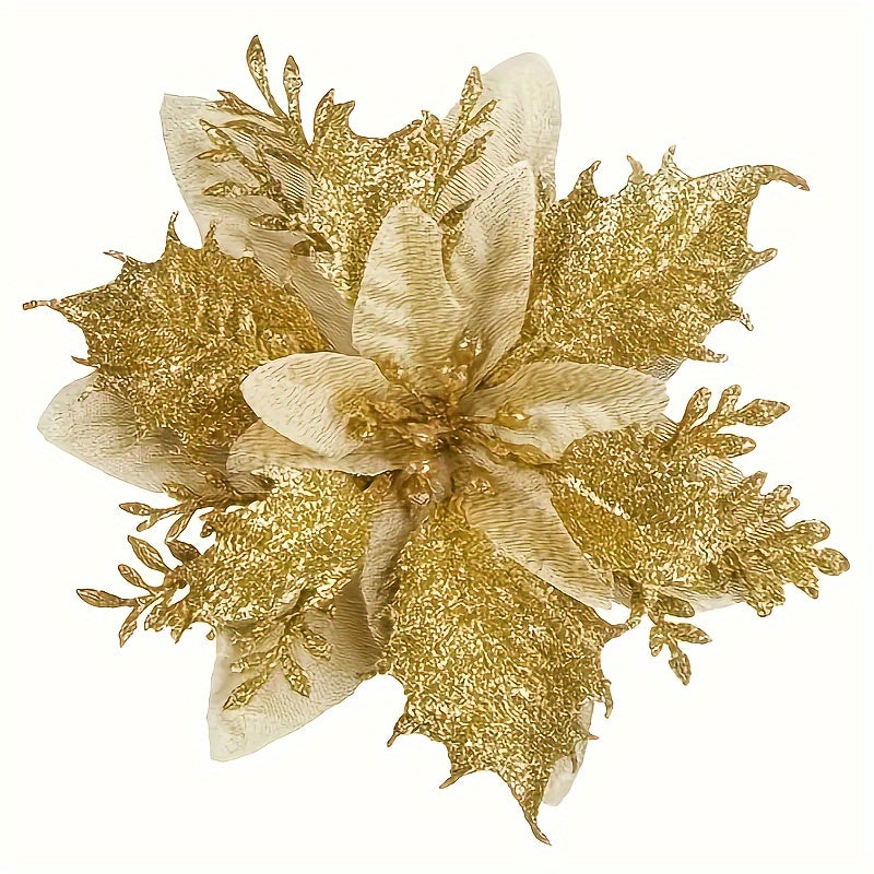 10 Golden and Silvery Artificial Christmas Decorations with Red Flowers Ornaments and Wreaths