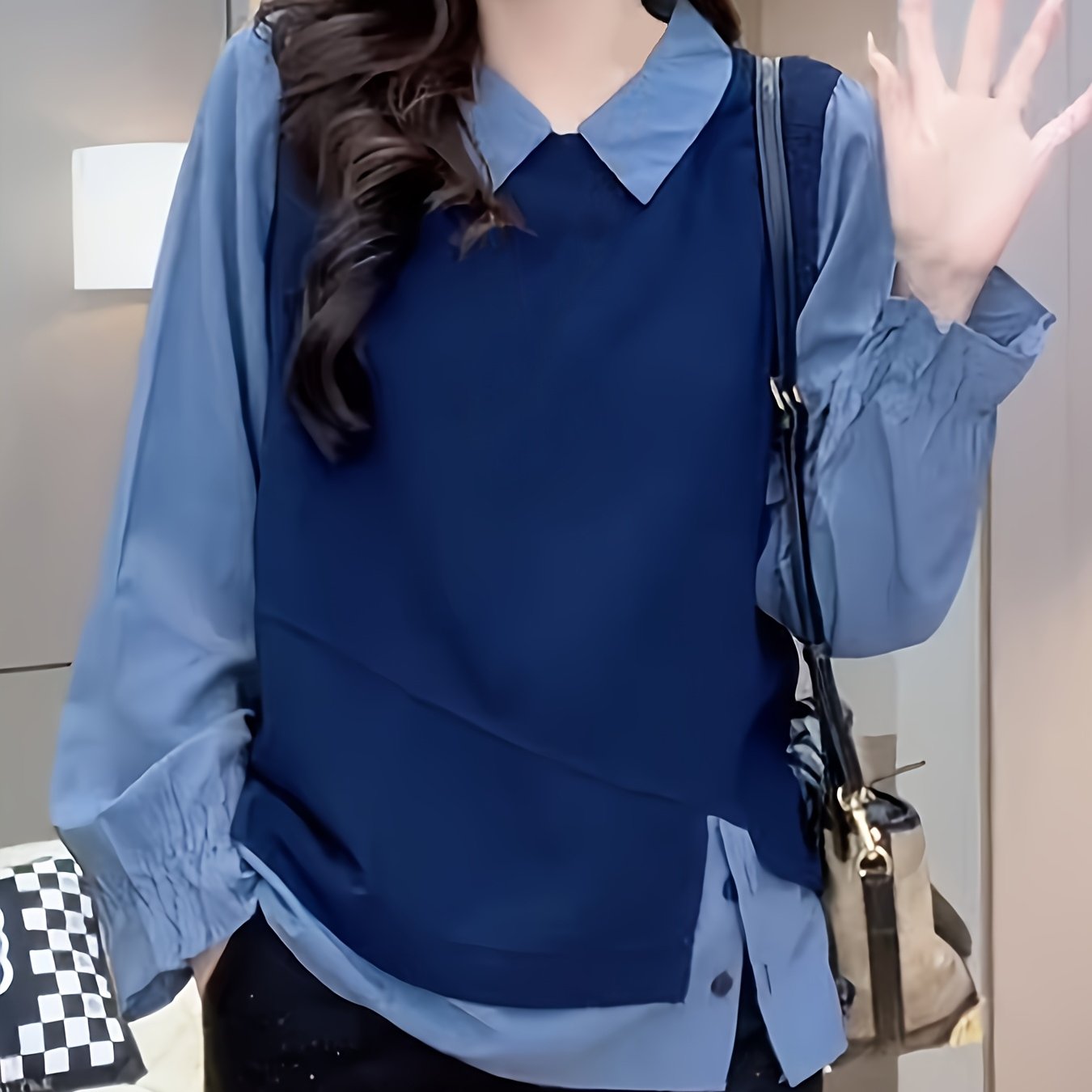 Ayollar uchun yupqa fit faux ikki qismli pullover kofta patchwork dizayni