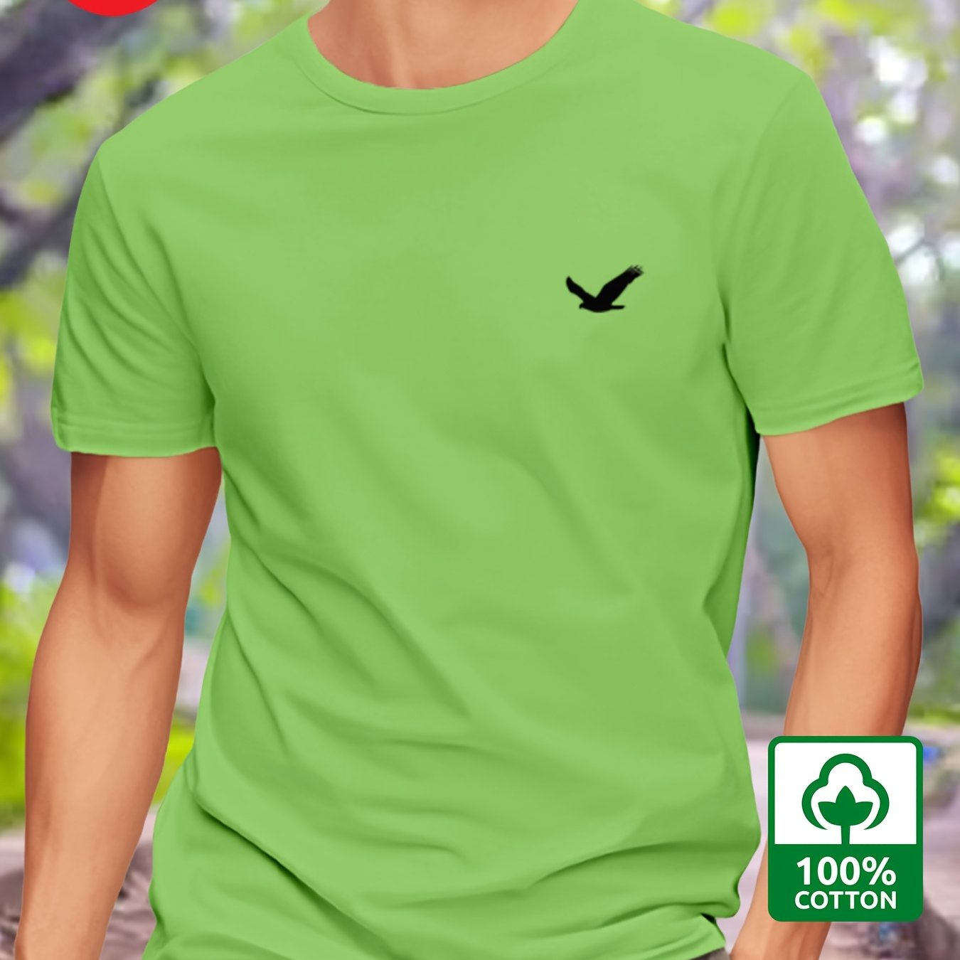 Men's Cotton T-Shirt with Bird Print Regular Fit Round Neck Short Sleeve