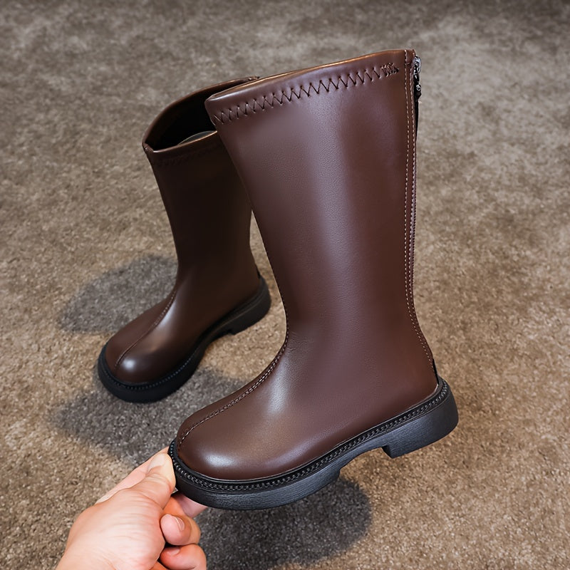 Girls Knee-High Boots with Zipper Solid Color Fall Winter Non-Slip Rubber Sole