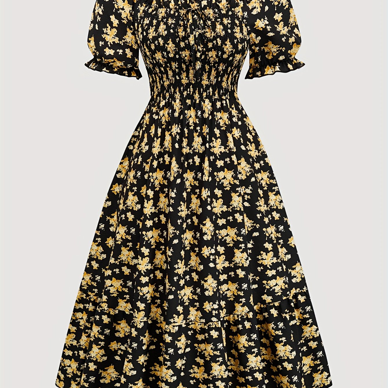 Vestido de talla grande con estampado floral, cintura fruncida, escote cuadrado, mangas cortas y lazo frontal