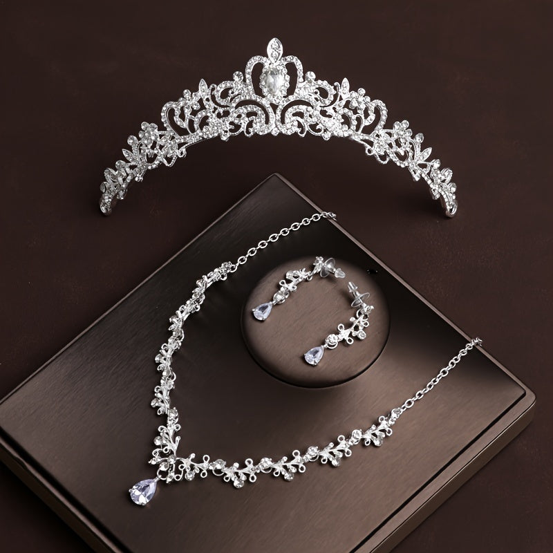 Rhinestone Jewelry Set Crown Tiara Necklace Earrings for Weddings and Gifts