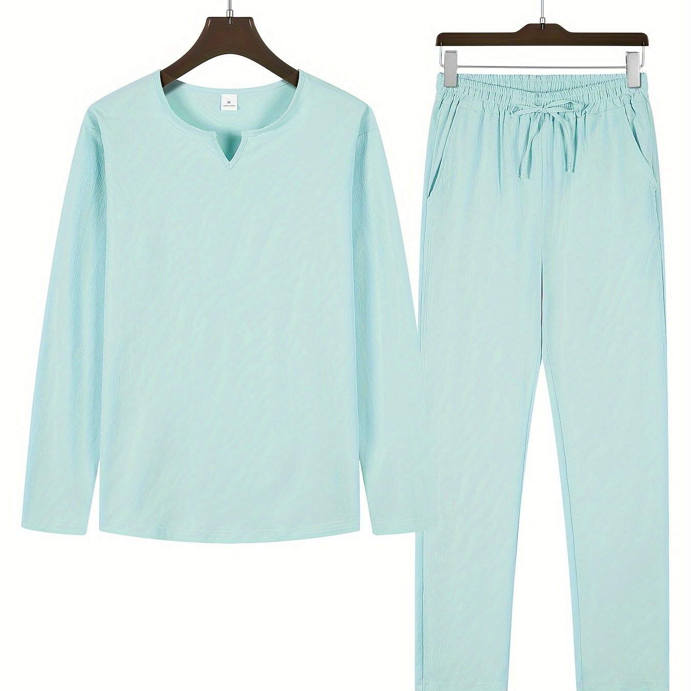 Traje de verano para hombre de poliéster con cuello en V de dos piezas, con pantalones de manga larga de color sólido