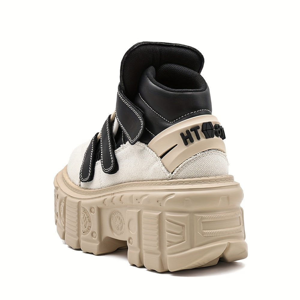 Women Punk Style High-Top Chunky Platform Ankle Boots Black White Accents