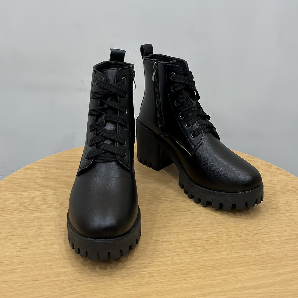 Women's Faux Leather Western Ankle Boots with Chunky Heel and Lace-Up Design