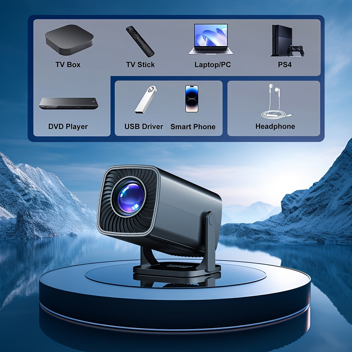 Portable 1080P Projector with 180° Adjustable Angle for Indoor Outdoor Use