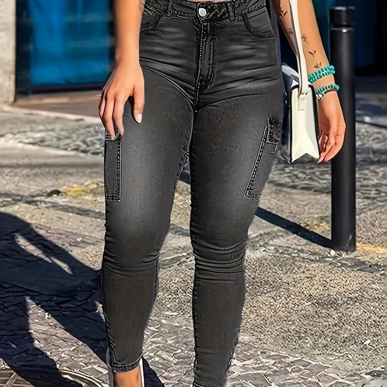 Pantalones de trabajo ajustados con control de barriga en negro para mujer, estilo pitillo con abertura en la bota, denim, talla grande