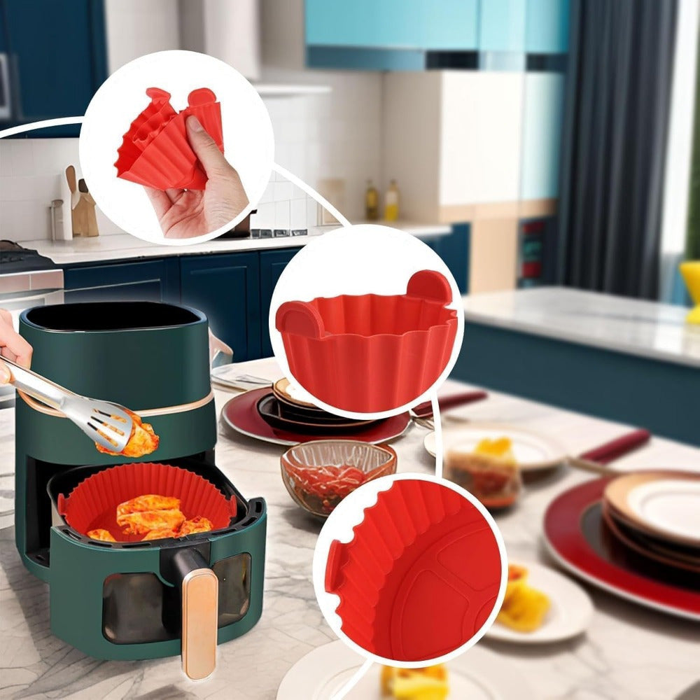 6-Piece Silicone Air Fryer Liners Set Non-Stick Reusable with Oil Brush and Scraper