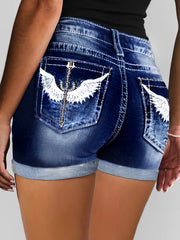 Women's Plus Size Blue Denim Shorts Cuffed Hem Embroidered Wings