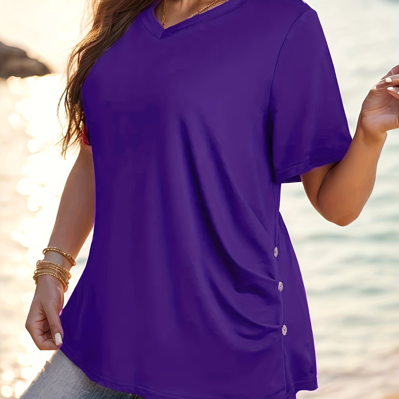Women's Plus Size Green V-Neck Short Sleeve Casual T-Shirt
