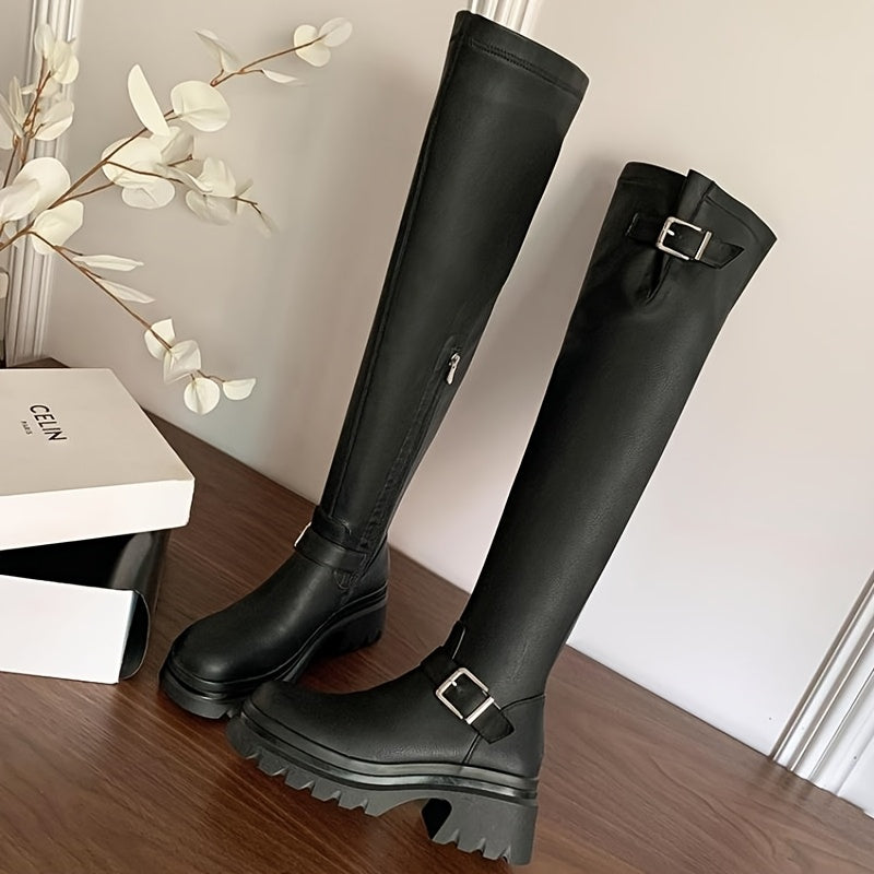 Women's Over-the-Knee Boots With Buckle Thick Sole Chunky Heel